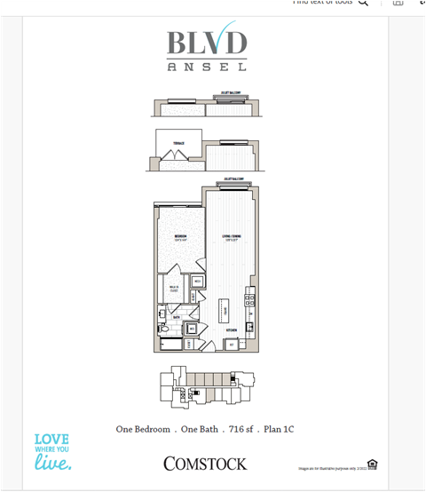 Floor plan for 1 bed, 1 bath, 745 sqft